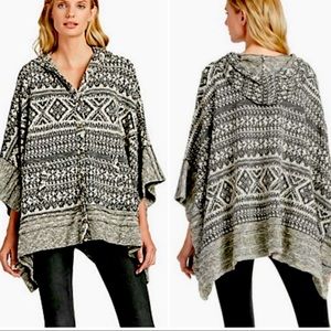 One Size Lucky Brand Ivory/Black Aztec Hooded Poncho Sweater Thick & Cozy